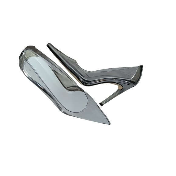 GOOD AMERICAN Silver Cinderella Pumps Stiletto Pointed Toe Size 9 Glass Clear - Picture 2 of 4